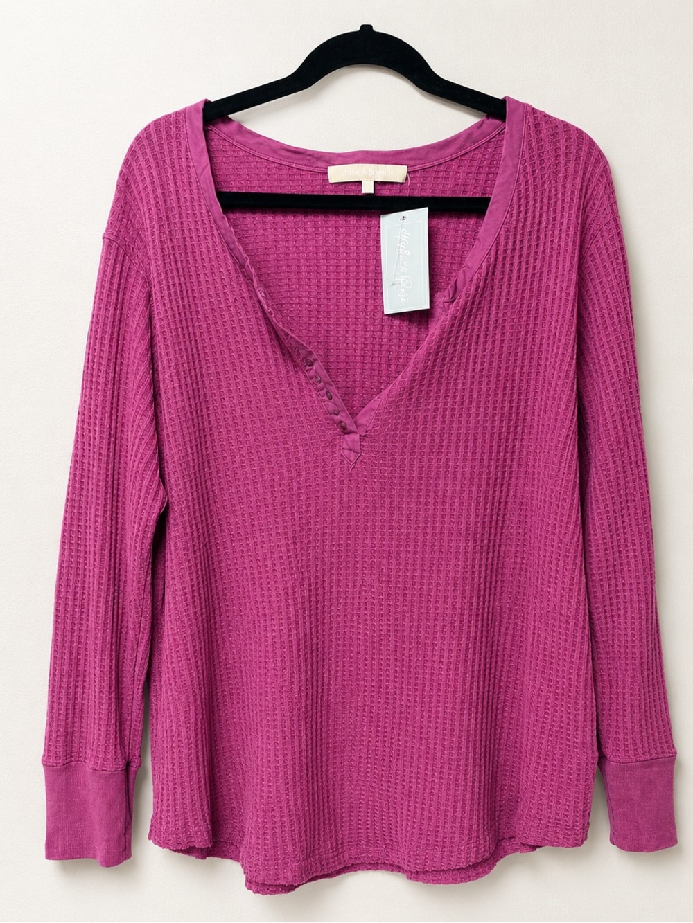 Waffle Knit V-Neck Long Sleeve Top - Magenta